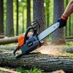 A forest clearing with multiple fallen trees being effortlessly cut by a sleek, powerful electric chainsaw. The air is filled with the sound of buzzing and the smell of freshly cut wood