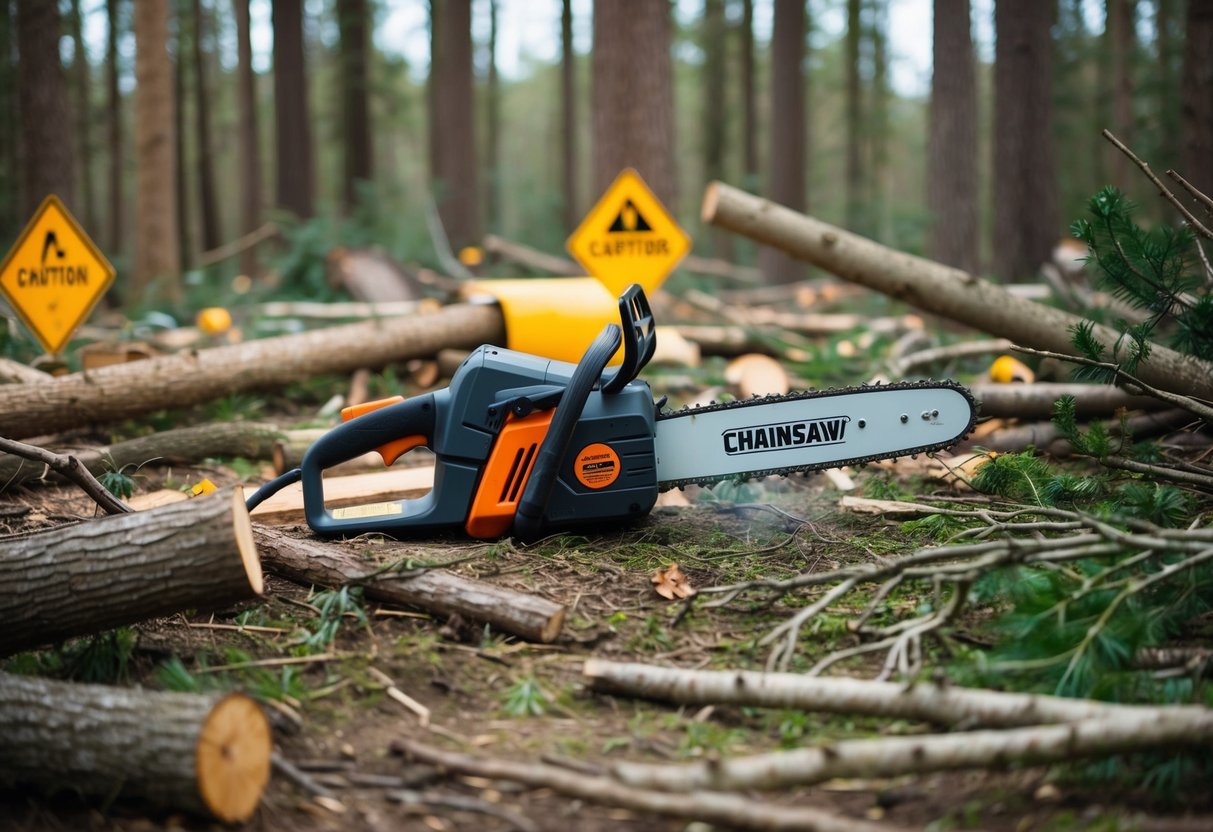 A forest clearing with various types of trees and branches scattered on the ground, with a powerful electric chainsaw in the center, surrounded by safety gear and caution signs