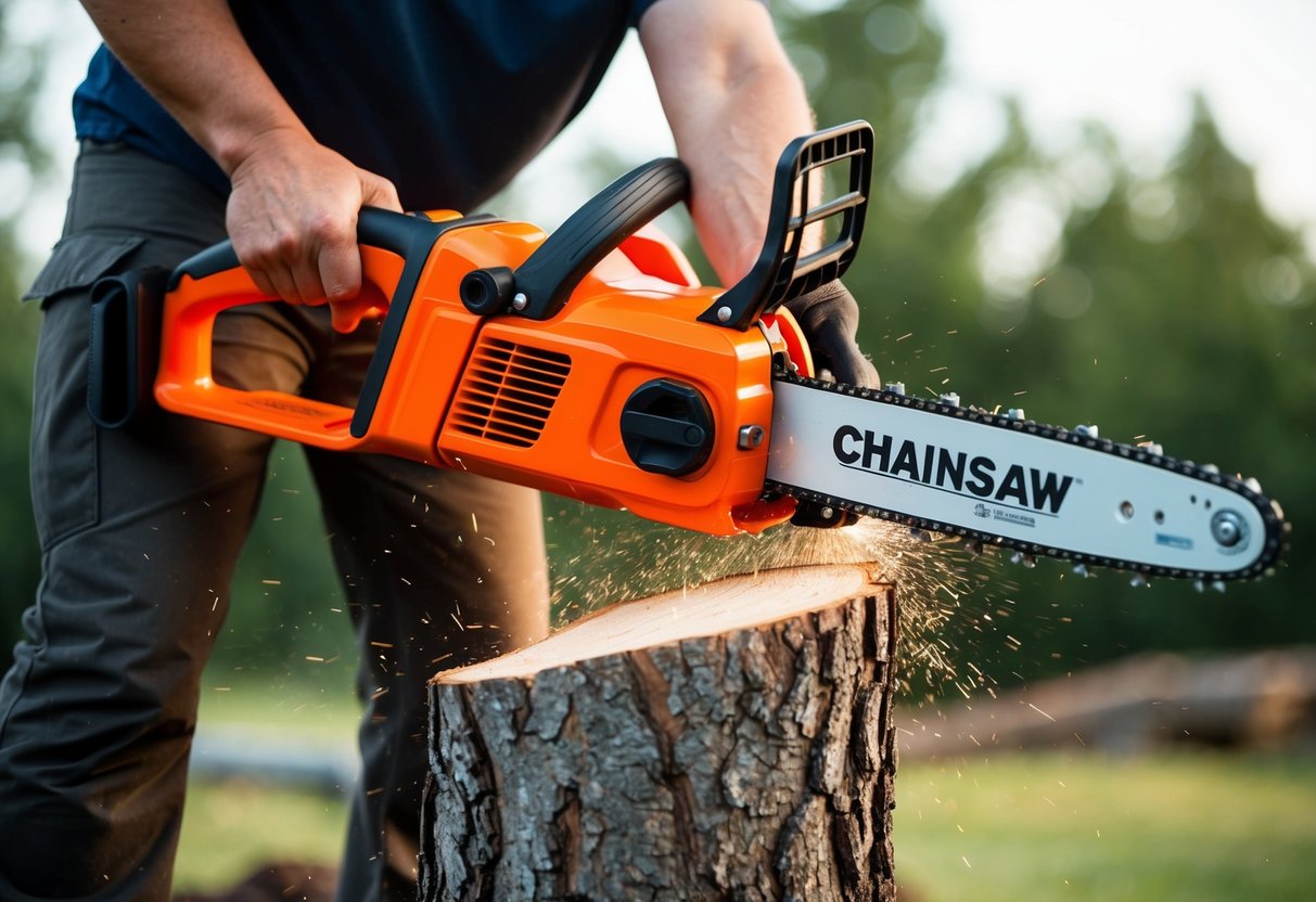 A person using a powerful electric chainsaw, demonstrating its ergonomic design and ease of handling while cutting through a thick tree trunk