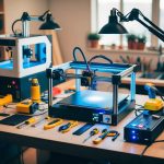 A cluttered workbench with a variety of high-tech tools and gadgets, including 3D printers, laser cutters, and advanced power tools