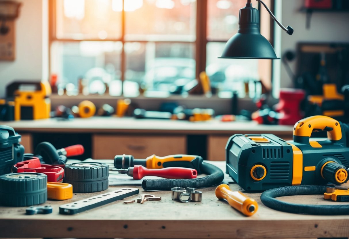 A cluttered workbench with modern power tools and gadgets for DIY projects