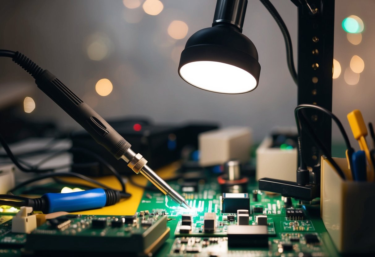 A cluttered workbench with a soldering iron, circuit boards, and electronic components. A magnifying lamp illuminates the workspace