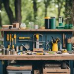 A workshop filled with repurposed materials, tools, and finished upcycled projects, surrounded by nature and eco-friendly elements