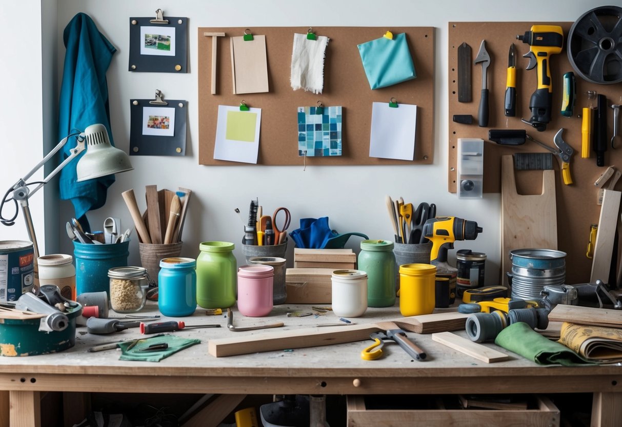 A cluttered workbench with various tools, jars of paint, and recycled materials like old wood and fabric scraps. A mood board with upcycling ideas pinned to the wall