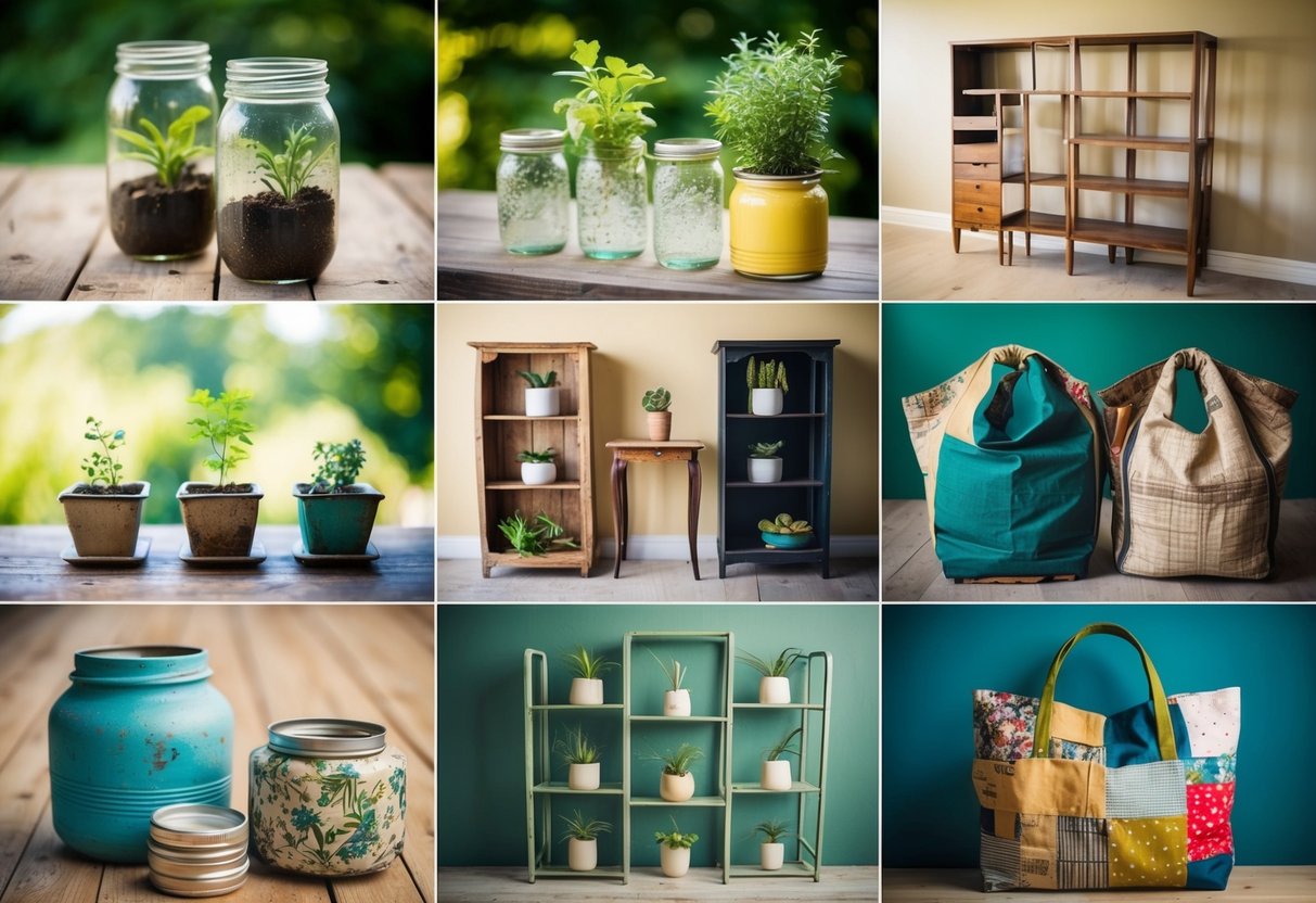 Various discarded items transformed into new creations: old jars as planters, worn-out furniture as shelving, and scrap fabric into stylish bags