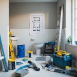 A cluttered bathroom with tools and materials scattered around. A toolbox, paint cans, and a ladder are visible. A blueprint or renovation plan is on the wall