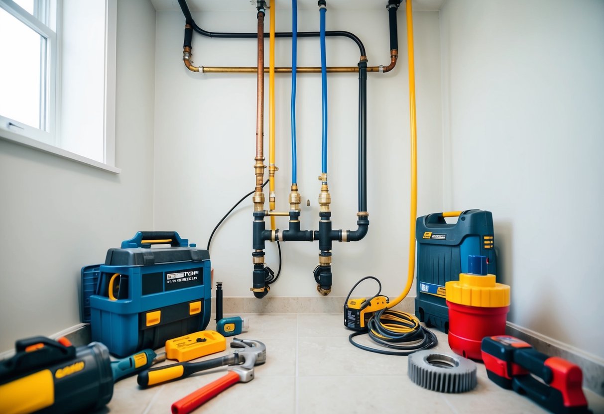 A bathroom with exposed pipes and wiring, surrounded by various tools and equipment for DIY renovations