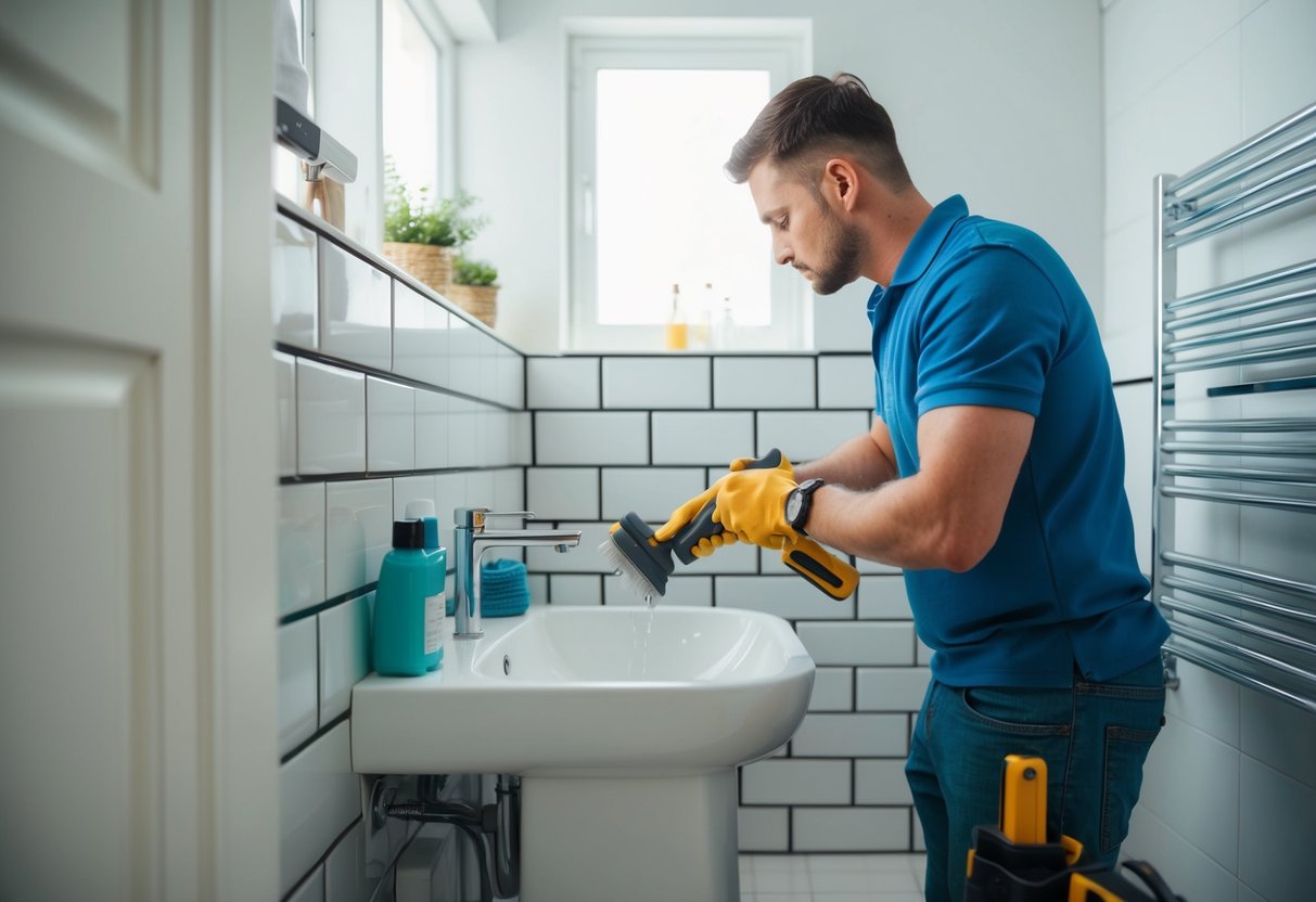 A person waterproofs and tiles a bathroom, using tools and following essential tips for success in DIY renovations