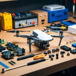 A workbench with various electronic components, tools, and a drone kit laid out for assembly