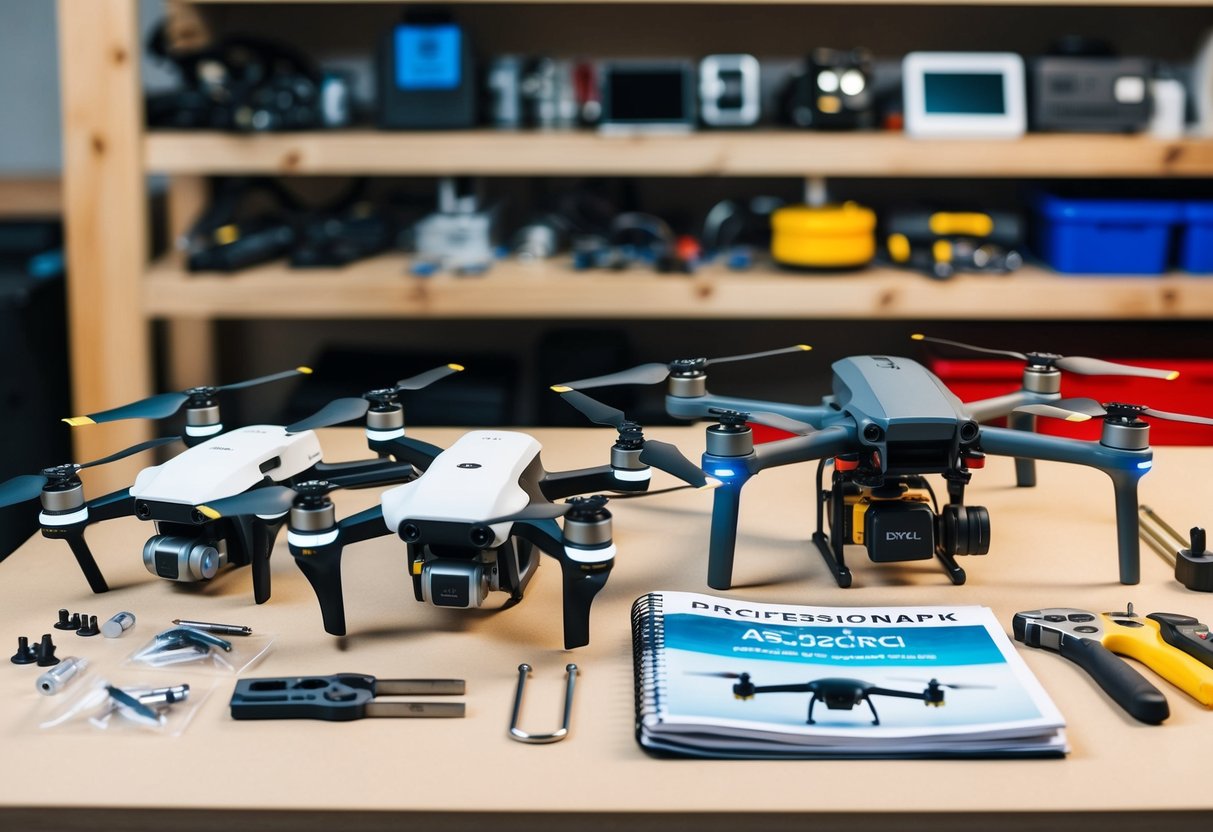 A workbench with assorted drone parts, tools, and a guidebook