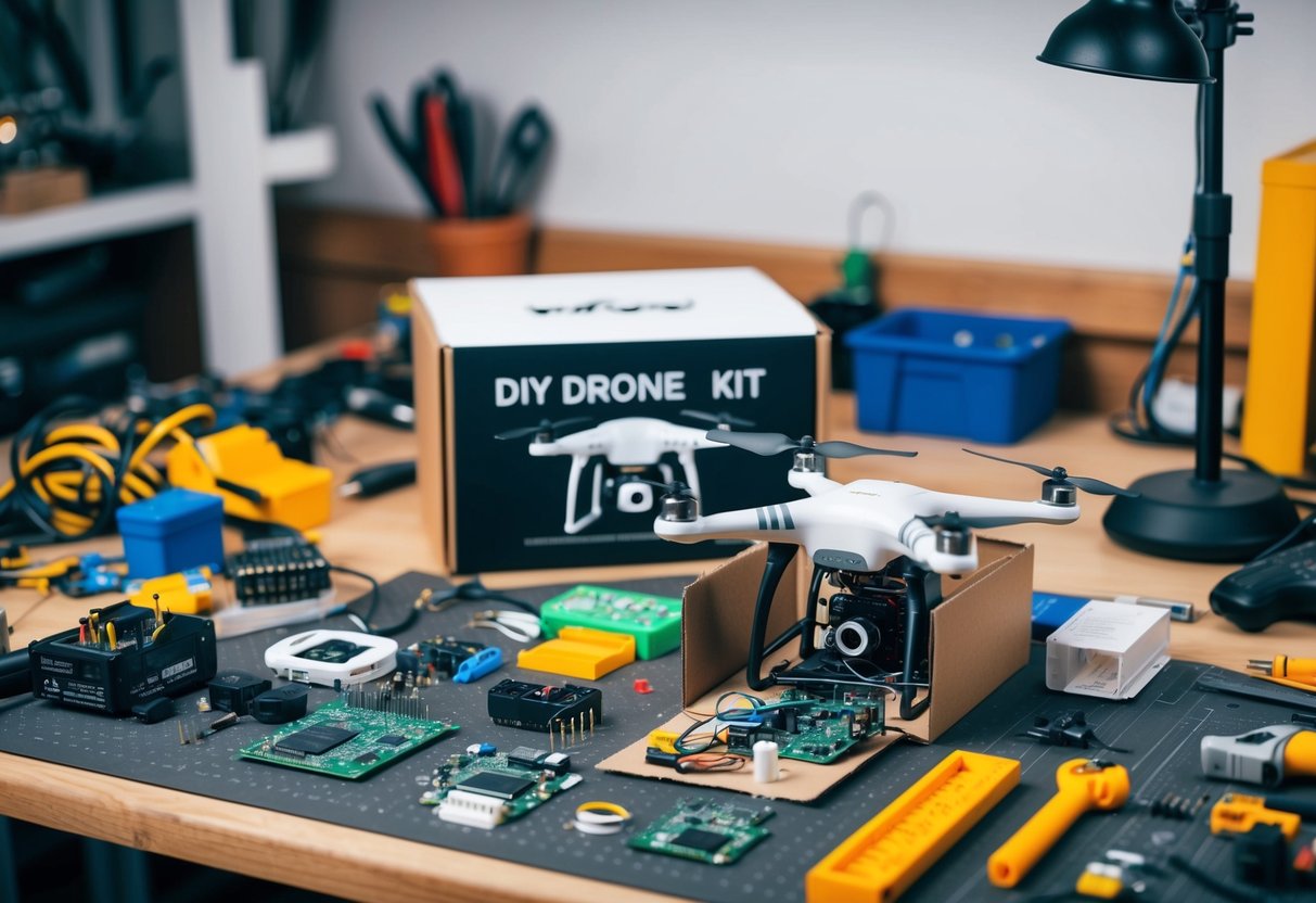 A workbench with various tools, wires, circuit boards, and electronic components scattered around. A DIY drone kit box sits open with parts spilling out