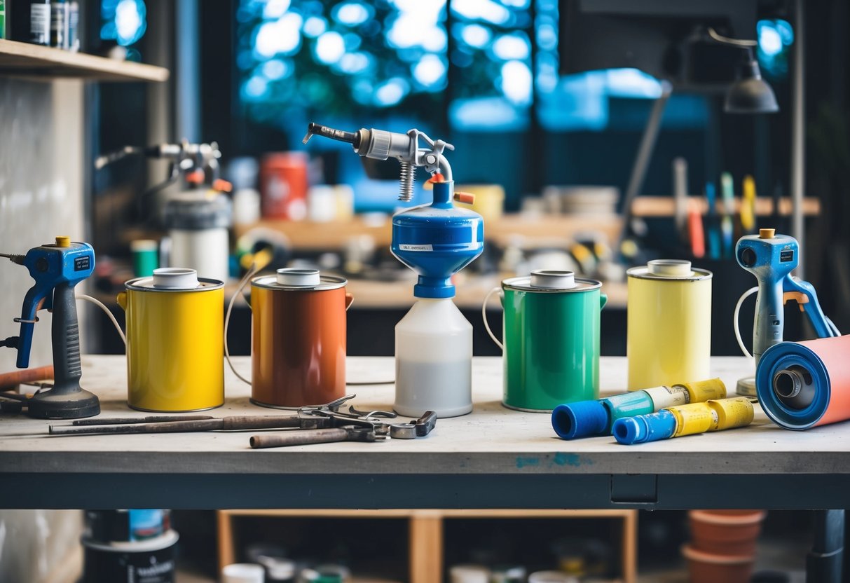 A workbench with various paint sprayers, paint cans, and other painting supplies laid out for comparison and preparation