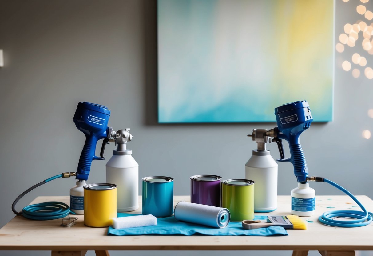 A table with two paint sprayers, a variety of paint cans, and cleaning supplies. A finished painting on the wall showcases professional results