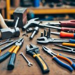 A cluttered workbench with various essential hand tools such as hammers, screwdrivers, wrenches, and pliers. The tools are arranged neatly and are of high quality