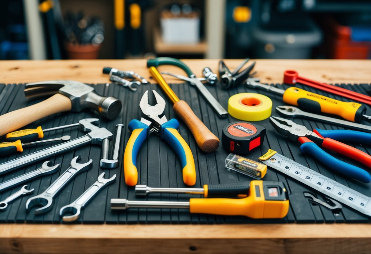 A workbench with a variety of hand tools neatly arranged, including hammers, screwdrivers, wrenches, pliers, and measuring tape