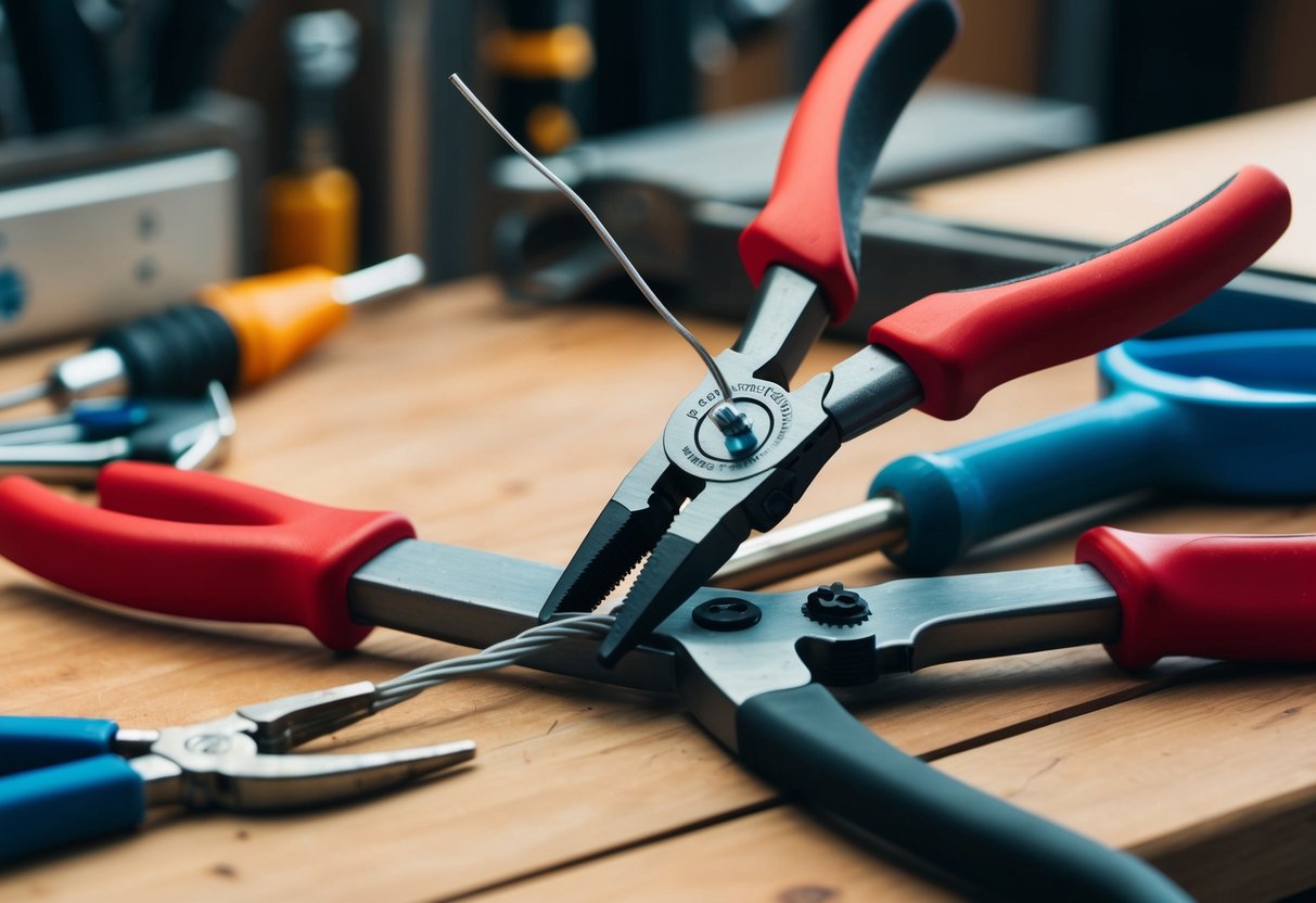 A pair of pliers with red handles, gripping a wire while cutting it, surrounded by other essential hand tools on a wooden workbench