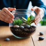 A pair of hands carefully arranging small plants, stones, and soil inside a glass container, creating a miniature terrarium ecosystem