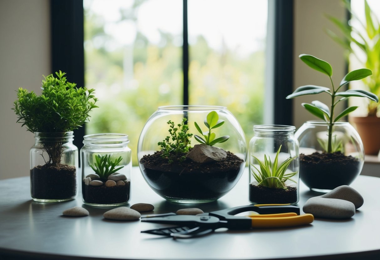 A table with glass containers, soil, small plants, rocks, and tools for building a terrarium