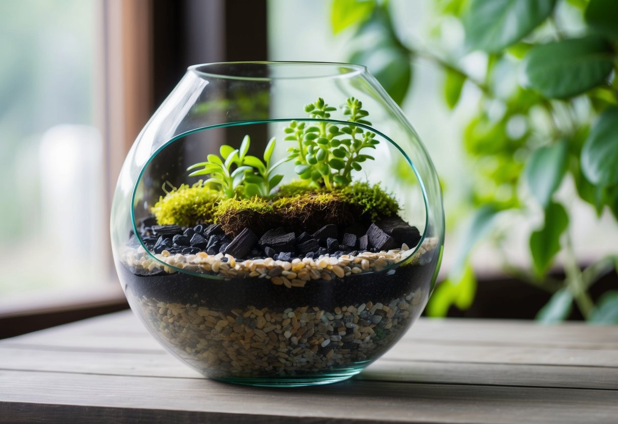 A clear glass terrarium with layers of gravel, charcoal, and soil, topped with small plants and moss. The layers provide drainage and promote healthy growth